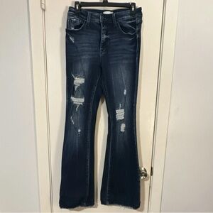Petra Women's Distressed Flared Jeans Dark Blue Denim Button Zipper